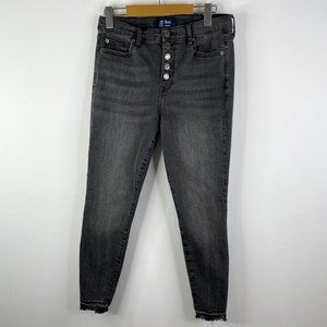 GAP High Rise Ankle Denim Jeans Raw Hem Exposed Button Fly Washed Black Size 27